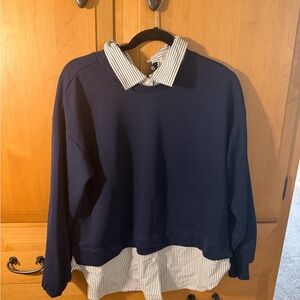 LOFT Navy Sweatshirt with Striped Collar